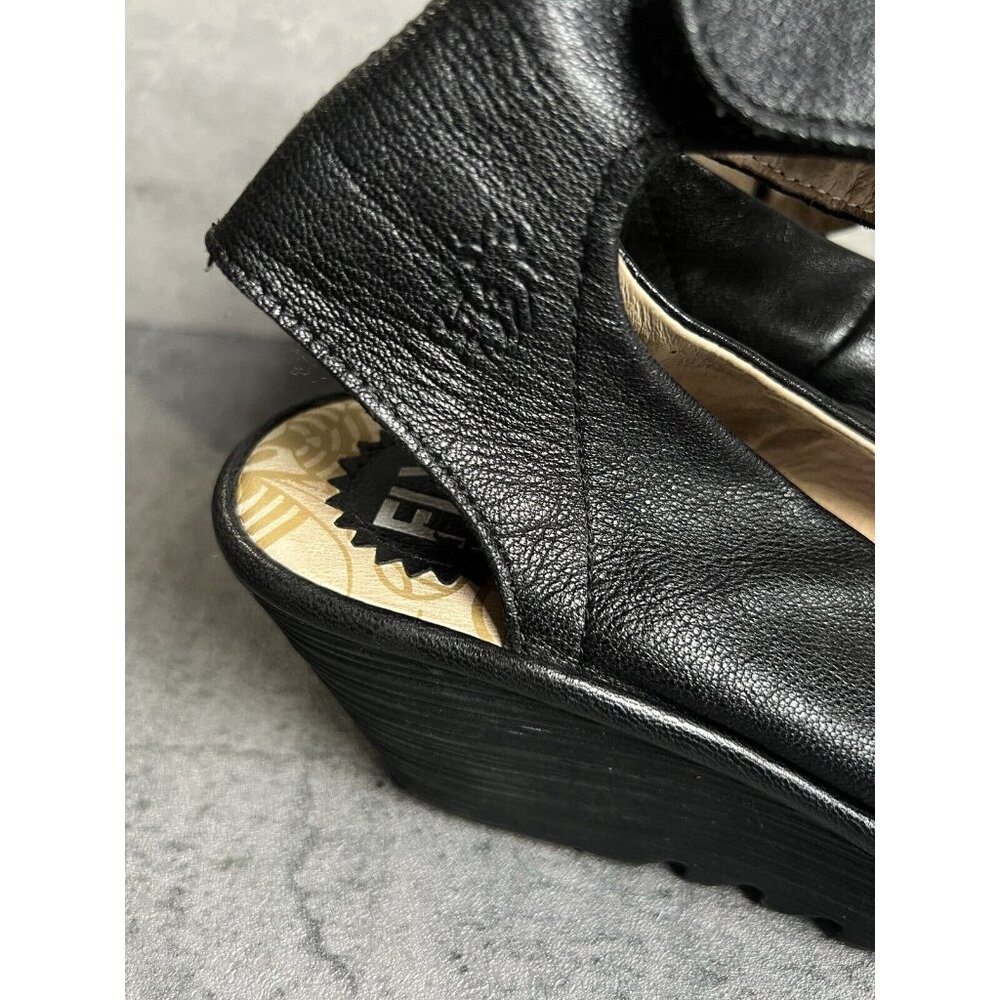Fly London Yala Peep Toe Black Leather Platform Wedge Sandal EU 37 US 6.5 - Picture 5 of 16